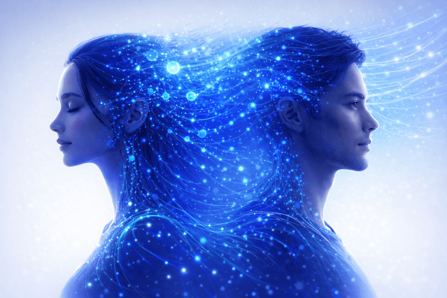 AI-powered technology visualization showing human-AI collaboration with glowing neural network connections